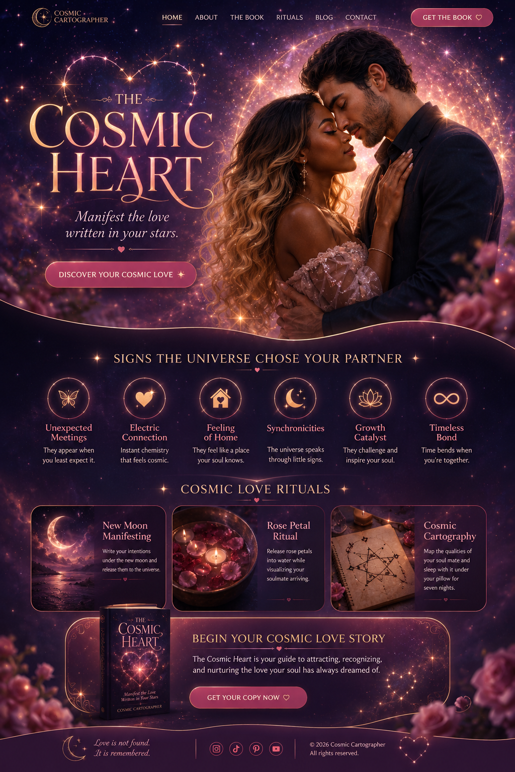 Dreamy cosmic romantic artwork of a woman with ombré blonde hair embracing a dark-haired man beneath glowing stars.