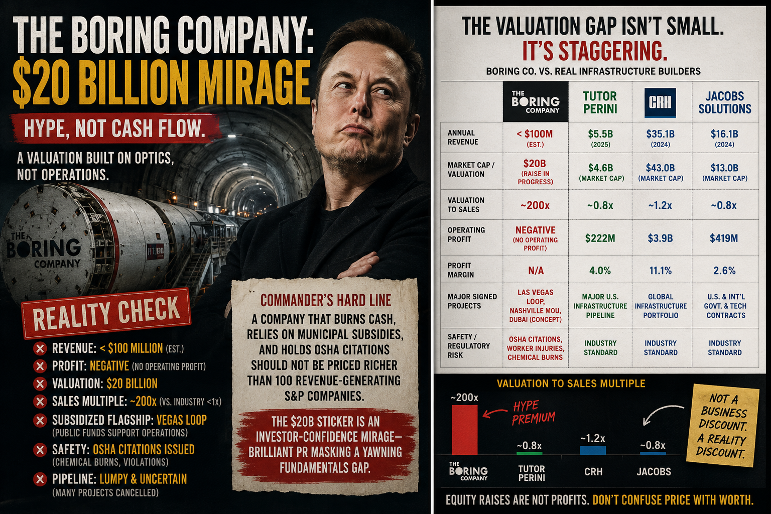 Boring Company valuation gap graphic comparing estimated revenue valuation sales multiple operating profit and safety risk against infrastructure builders